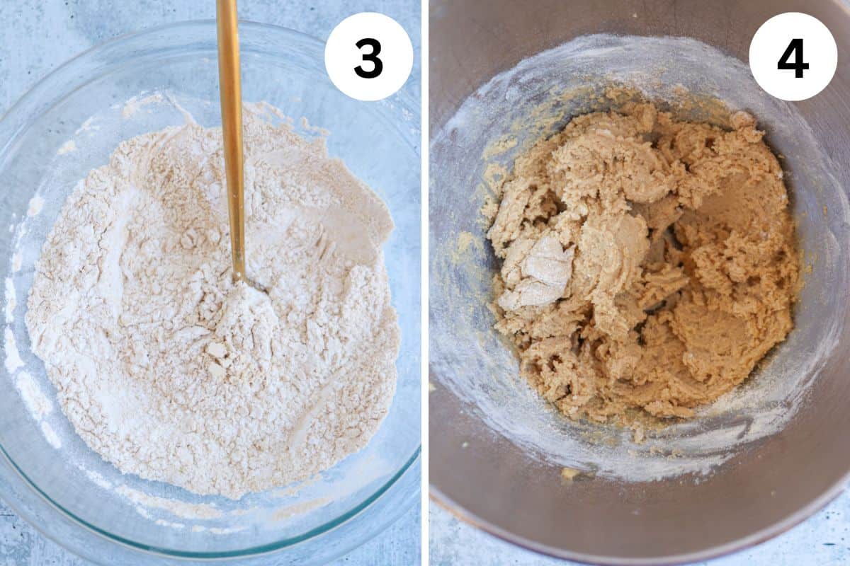 Two images: Left shows a glass bowl with dry flour mix and a wooden spoon, labeled with the number 3. Right illustrates a metal bowl labeled with the number 4. Both are displayed on a light gray surface.
