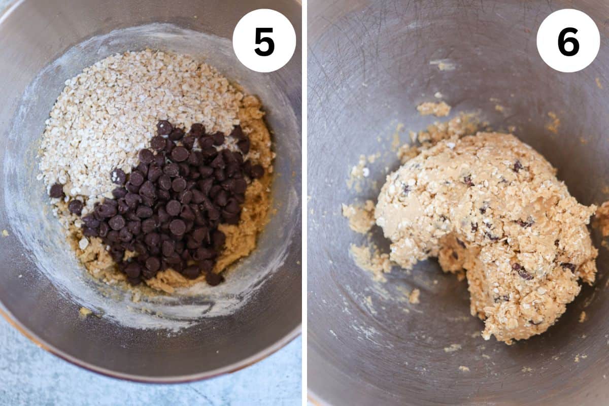 Left image: Mixing bowl with oats, flour, and chocolate chips on cookie dough. Right image: Mixed cookie dough in a bowl. Numbers 5 and 6 are shown on the top corners of the images.