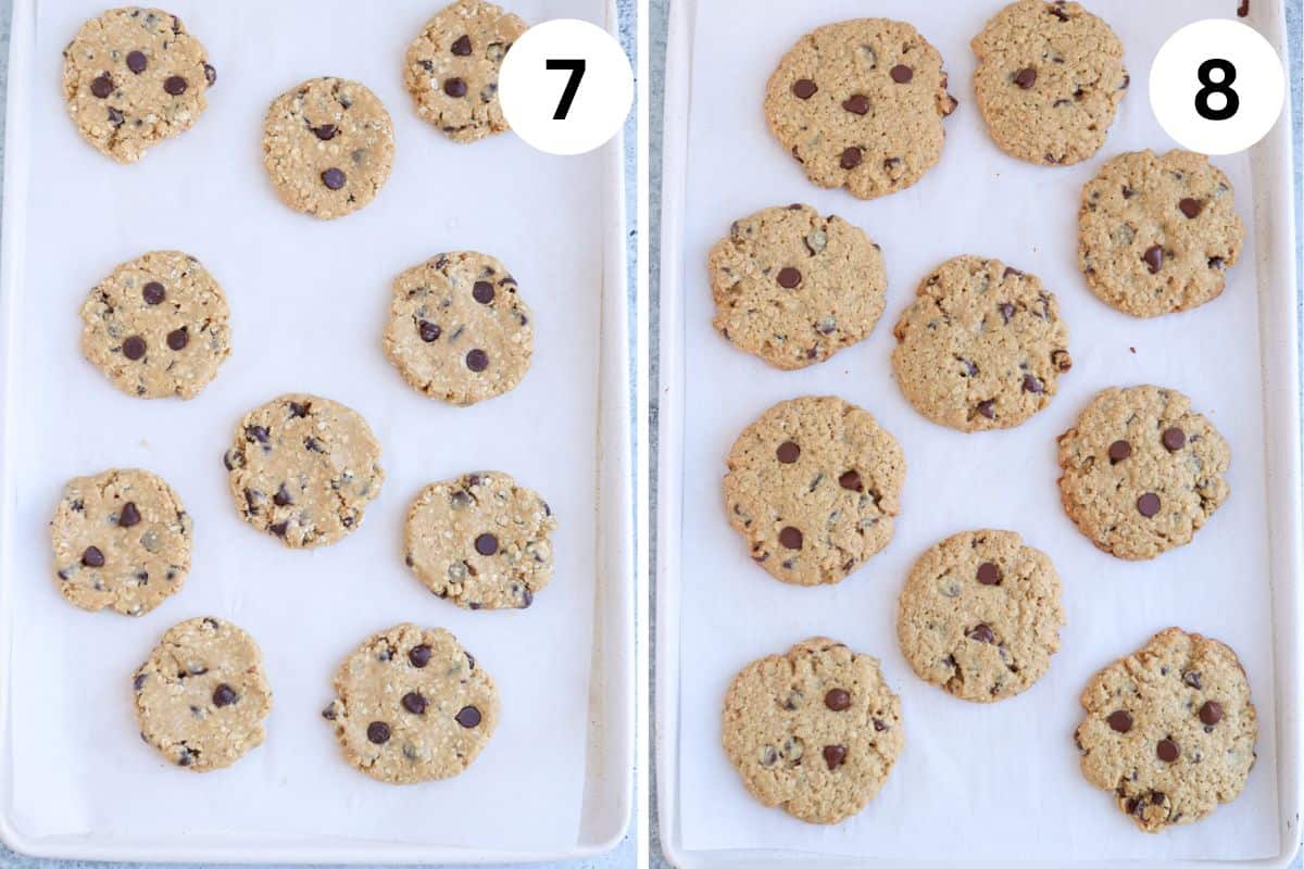 Two baking sheets with cookies create a tempting display. The left sheet, labeled 7, presents uncooked oatmeal chocolate chip cookies on parchment paper. The right sheet, labeled 8, showcases the cookies baked to a perfect golden brown.