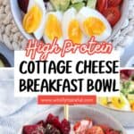 A bowl brimming with cottage cheese, sliced beets, creamy avocado, hard-boiled eggs, and juicy cherry tomatoes. The text reads High Protein Cottage Cheese Breakfast Bowl with a website link. Perfectly placed on a textured placemat for a healthy start to your day.