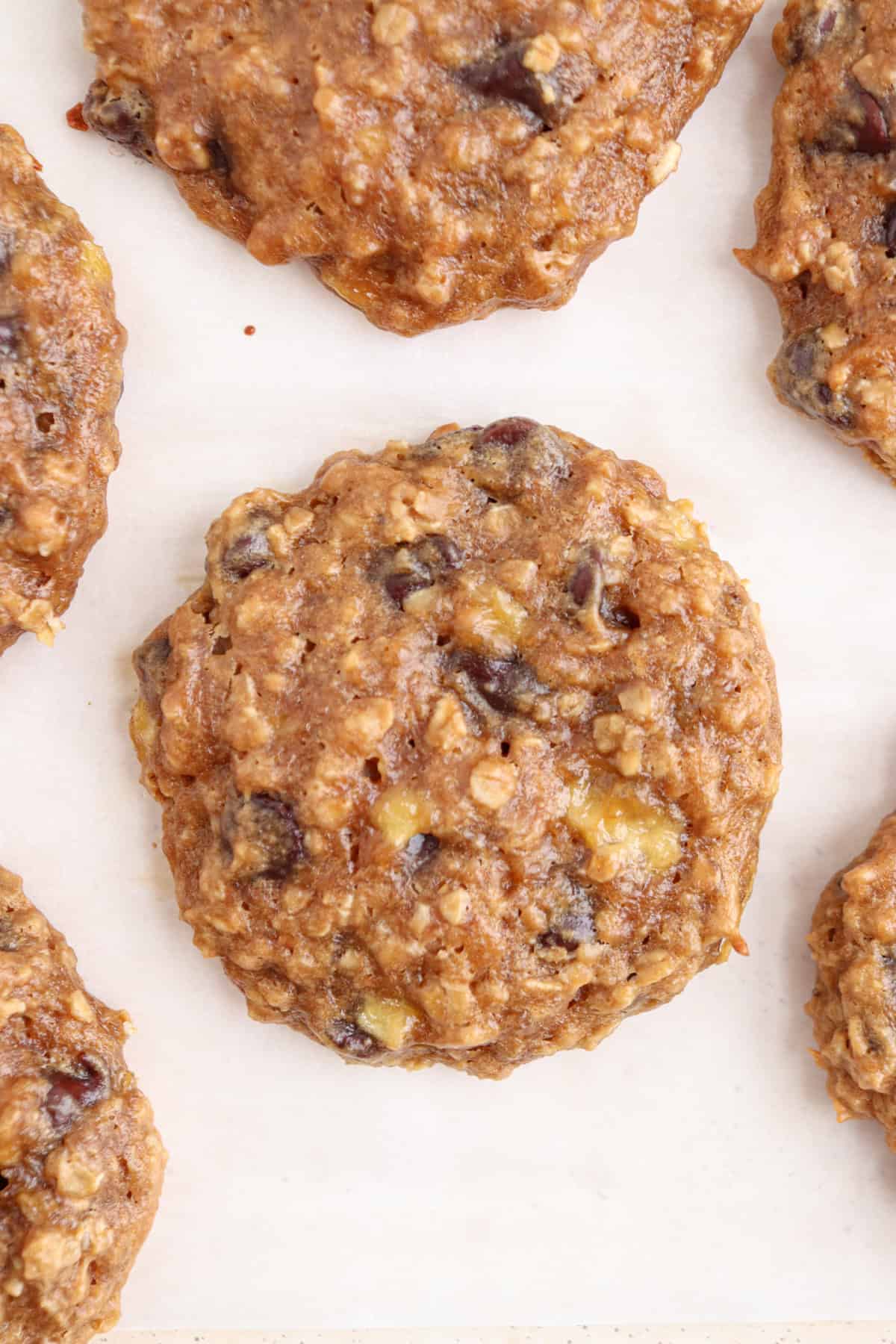 Close-up of oatmeal banana cookies with chocolate chips arranged on a baking sheet. The cookies are golden brown with visible chunks of banana and chocolate, showcasing a textured surface.
