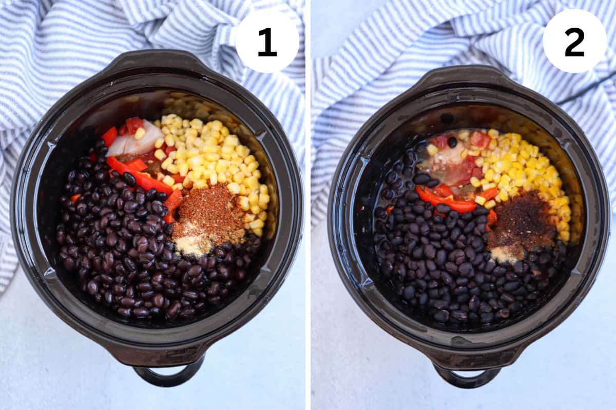 Two images show a slow cooker with black beans, corn, red peppers, onions, and spices being added. A striped cloth sits beside it. Both images are nearly identical, labeled 1 and 2.