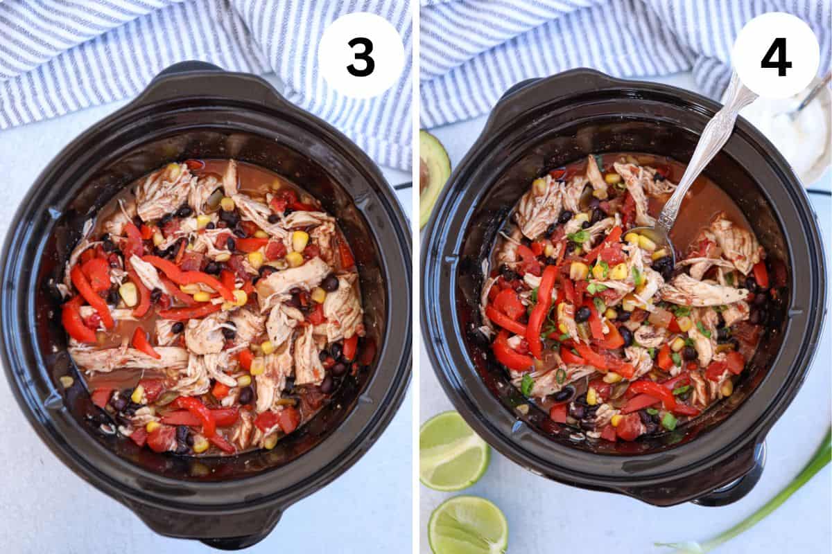 Two slow cooker dishes side by side filled with shredded chicken, black beans, corn, and red bell peppers. They are garnished with fresh cilantro. Labels 3 and 4 are above each dish. Lime wedges and a blue striped cloth are visible in the background.