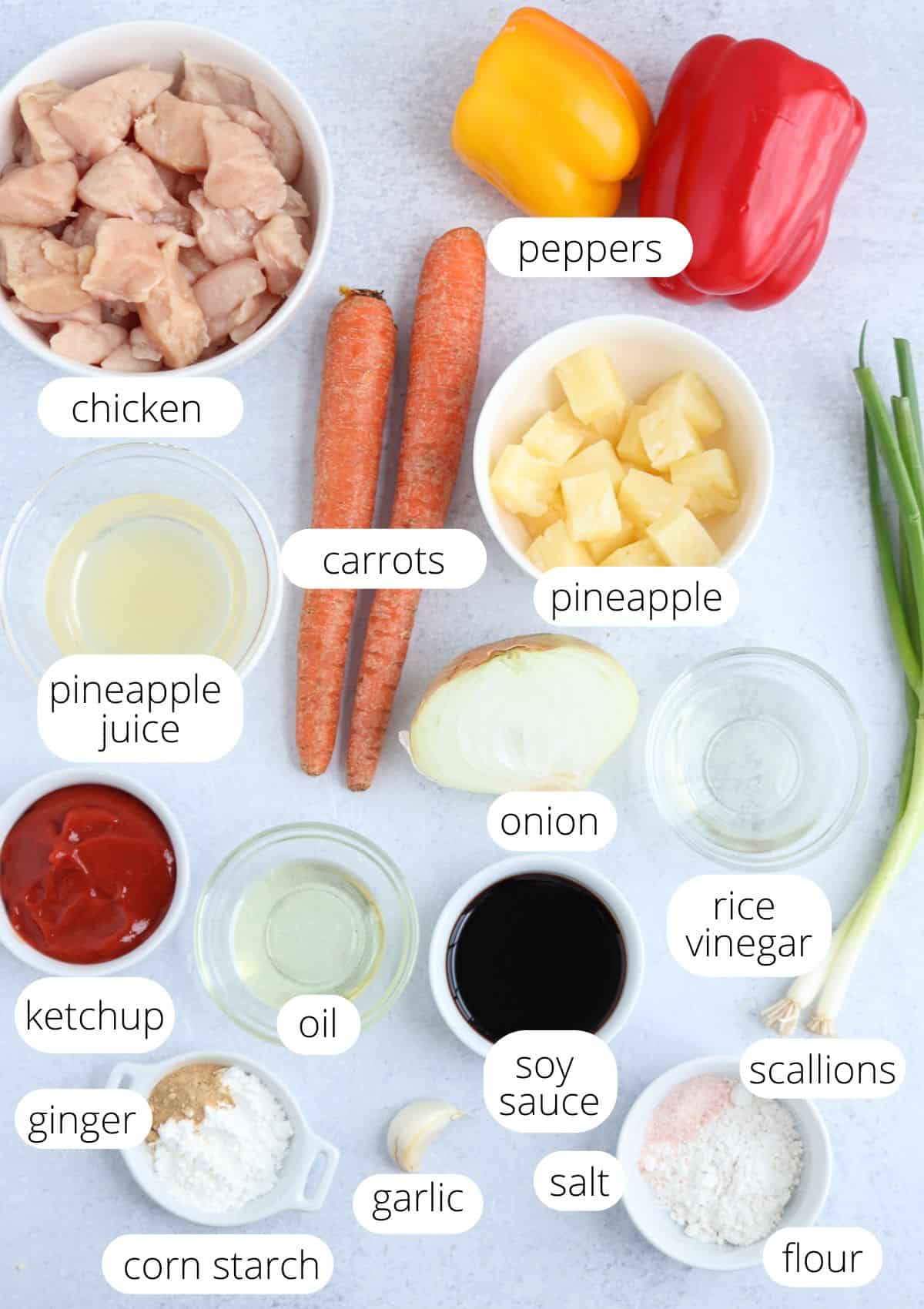 An assortment of labeled ingredients for a recipe, including chopped chicken, carrots, bell peppers, pineapple chunks and juice, onion, garlic, soy sauce, rice vinegar, ketchup, oil, corn starch, flour, scallions, salt, and ginger.