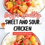A bowl of healthy sweet and sour chicken with colorful bell peppers, served over white rice, garnished with sliced green onions and sesame seeds. The image features a label reading Easy & Healthy Sweet and Sour Chicken.
