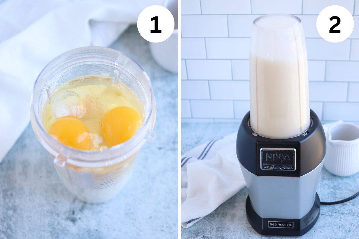 Image split in two: Left shows a blender cup with raw eggs, liquid, and spices for a nalesniki recipe. Right displays the blender cup on the base, creamy mixture inside, ready to blend. White tile backdrop complements the striped cloth nearby.