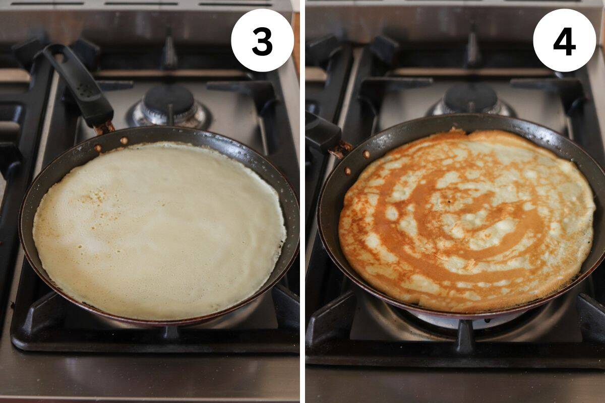 Two images showcase the art of a nalesniki recipe in progress. On the left, crepe batter spreads evenly in the frying pan. On the right, a perfectly golden-brown crepe emerges. Both pans rest on burners marked with numbers 3 and 4.
