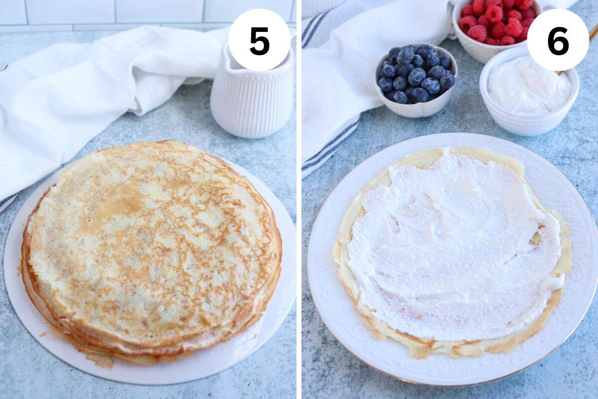 Left image: A stack of plain crepes, reminiscent of a classic nalesniki recipe, rests on a white plate beside a jar and cloth. Right image: A cream-covered crepe sits invitingly on a plate, with bowls of blueberries, raspberries, and more cream in the background. Number labels 5 and 6 are visible.