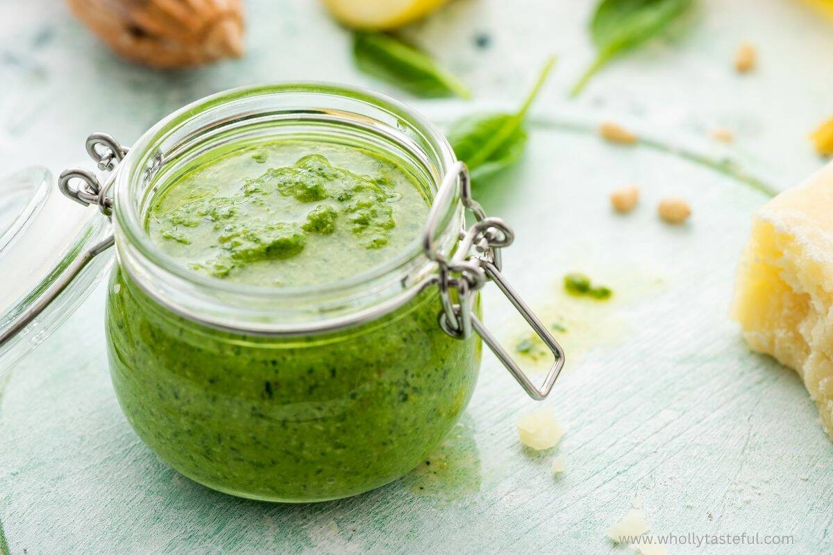 An open glass jar filled with green pesto sauce sits on a light green surface, surrounded by spinach leaves, pine nuts, and a chunk of parmesan cheese—perfect ingredients for making delicious pesto chicken parmesan.