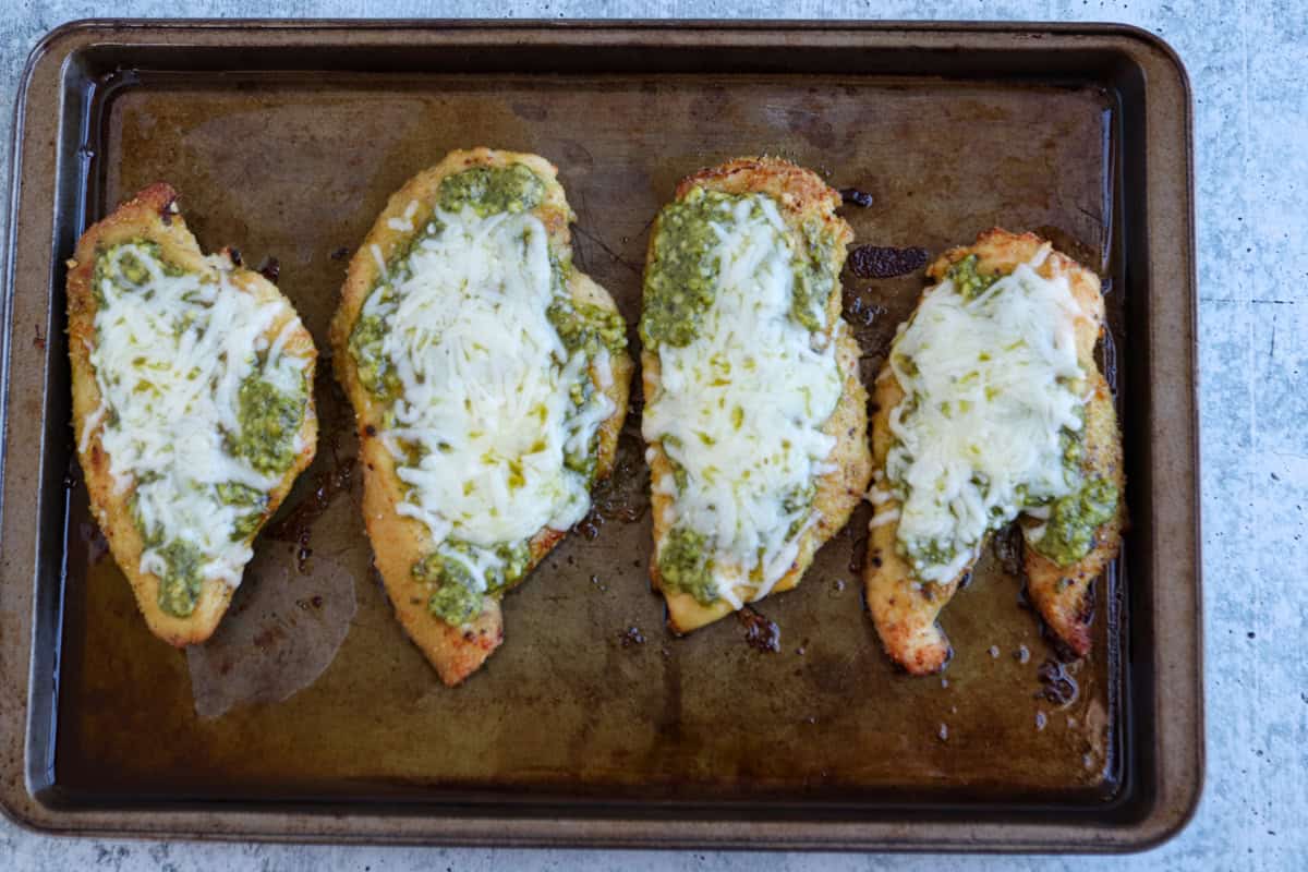 Four breaded chicken breasts on a baking sheet, each topped with green pesto and melted shredded cheese for a delicious twist on classic pesto chicken parmesan.