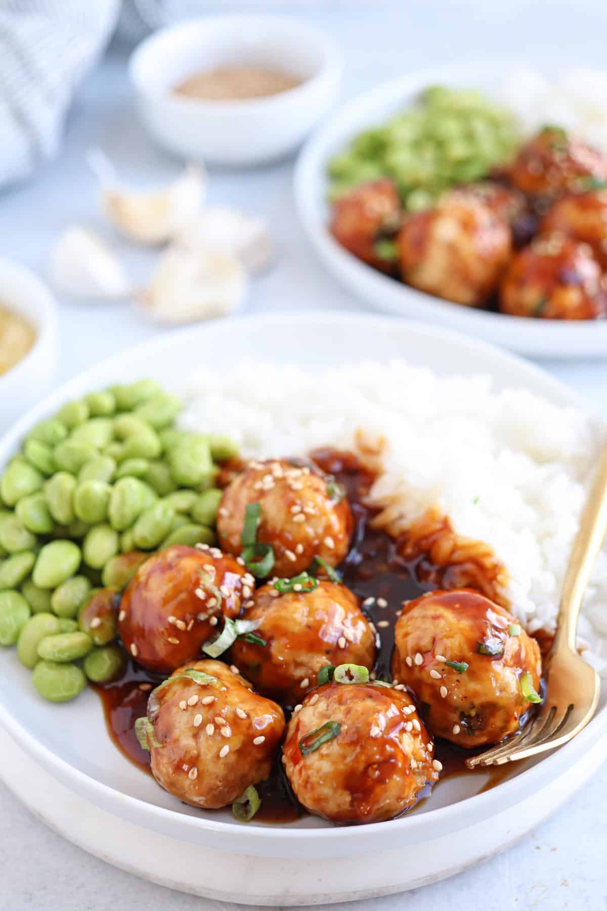 A plate of rice served with glazed meatballs topped with sesame seeds and sliced green onions, accompanied by a side of edamame. A fork rests on the plate and another similar plate is in the background.