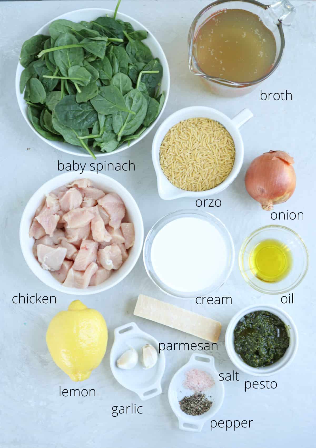 Top-down view of labeled ingredients for a pesto chicken parmesan recipe, including baby spinach, orzo, broth, chicken, onion, cream, oil, lemon, parmesan, garlic, salt, pepper, and pesto on a white surface.